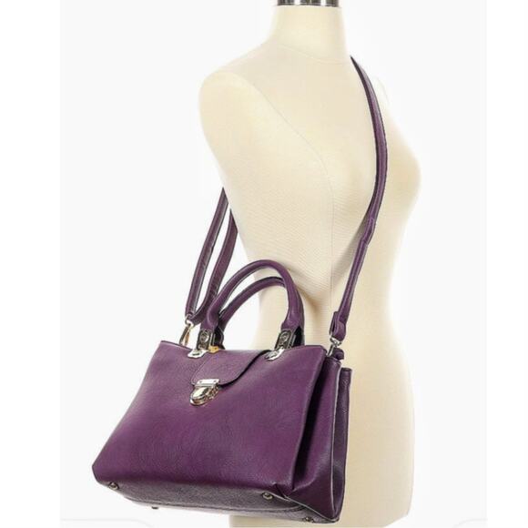 Dasein Purple Leather Gold Tone Metal Three Large Compartment Satchel Handbag - Picture 3 of 14